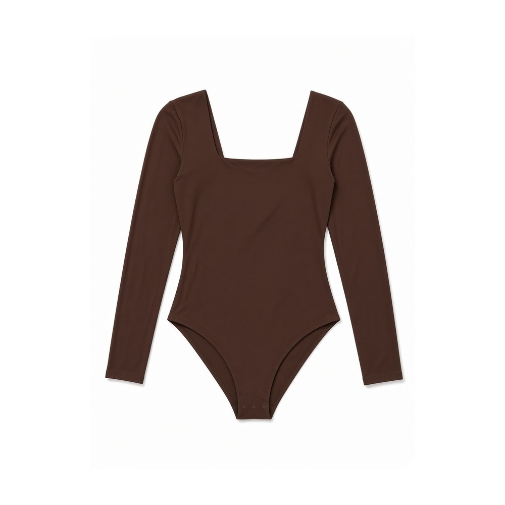 Quince Second Skin Bodysuit Women Large Cocoa NWT Square Neck Long Sleeve Thong